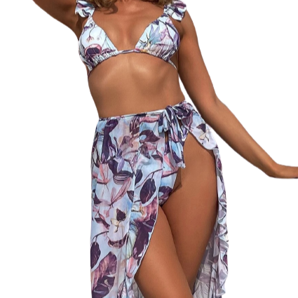 3pack Leaf Print Bikini Swimsuit & Cover Up