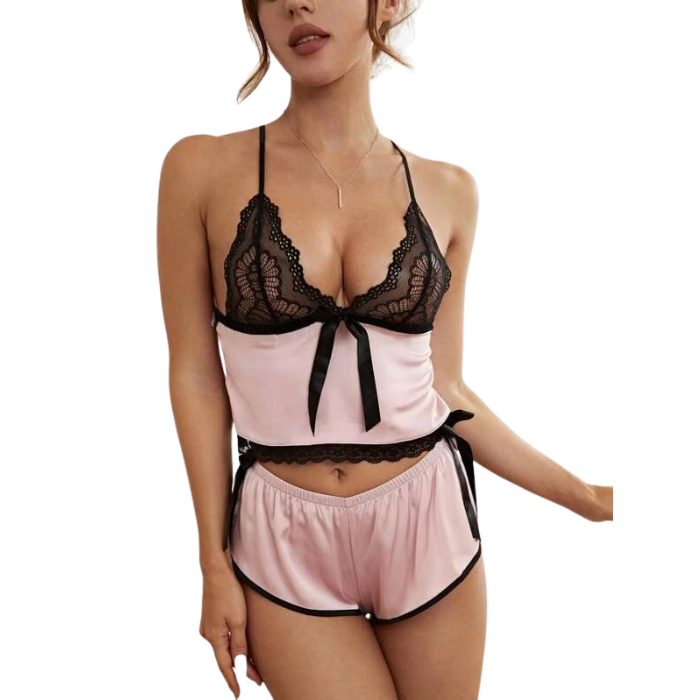 Bow Lace Satin Pajama Set