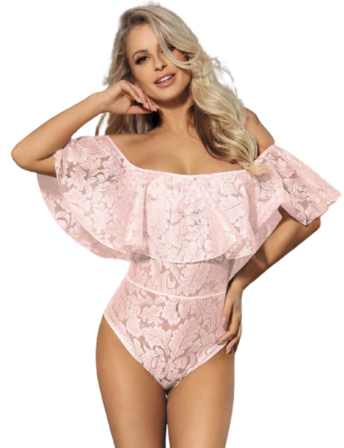 Dreamy Pink Lace Ruffle Off-Shoulder Teddy Lingerie set