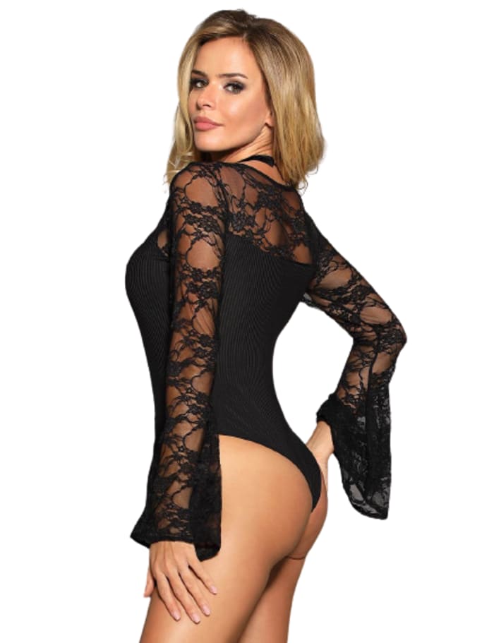 Elegant Black Lace Sleeve Teddy suit