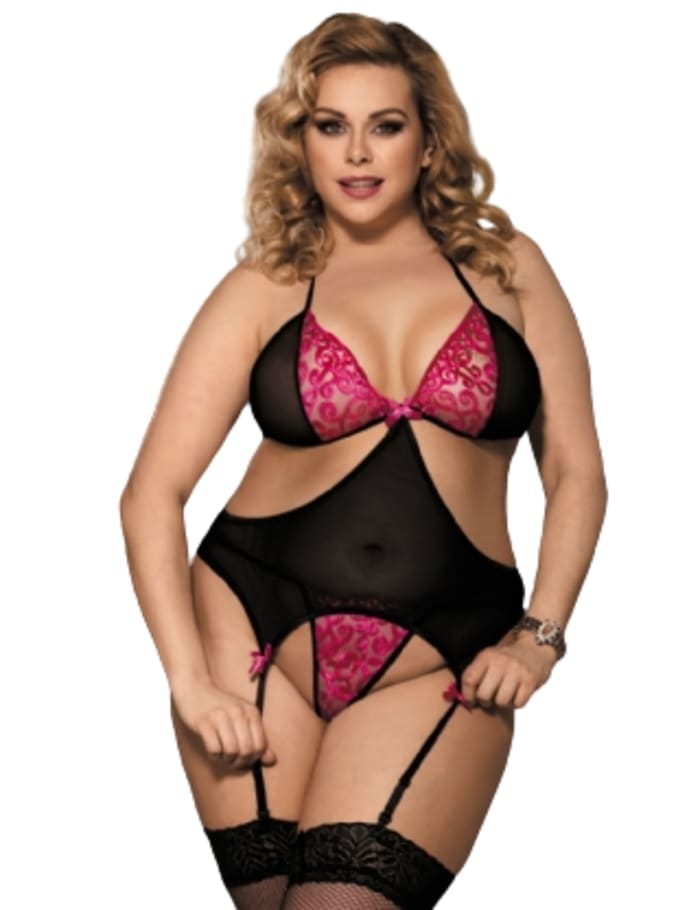 Rosy Embroidered Crocheted Black Lace Babydoll Lingerie Set