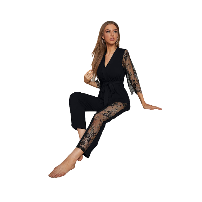 Eyelash Lace Belted Sleepwear