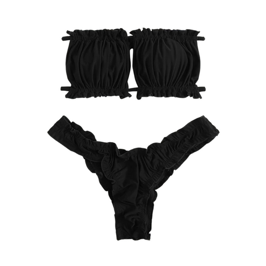 Black Ruched Boob Tube Bikini Set