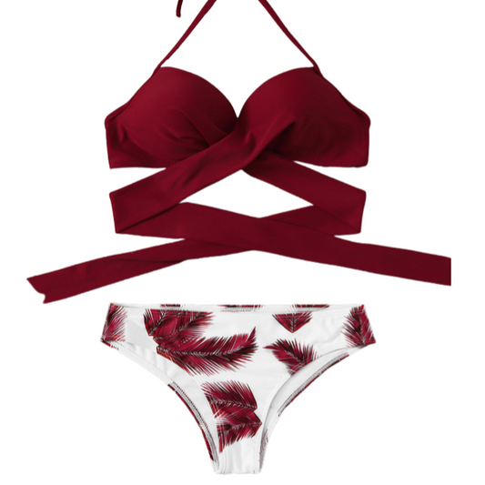 Palm Print Tie Front Bikini Set