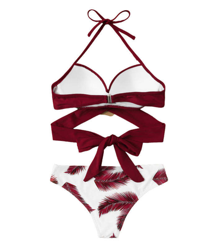 Palm Print Tie Front Bikini Set